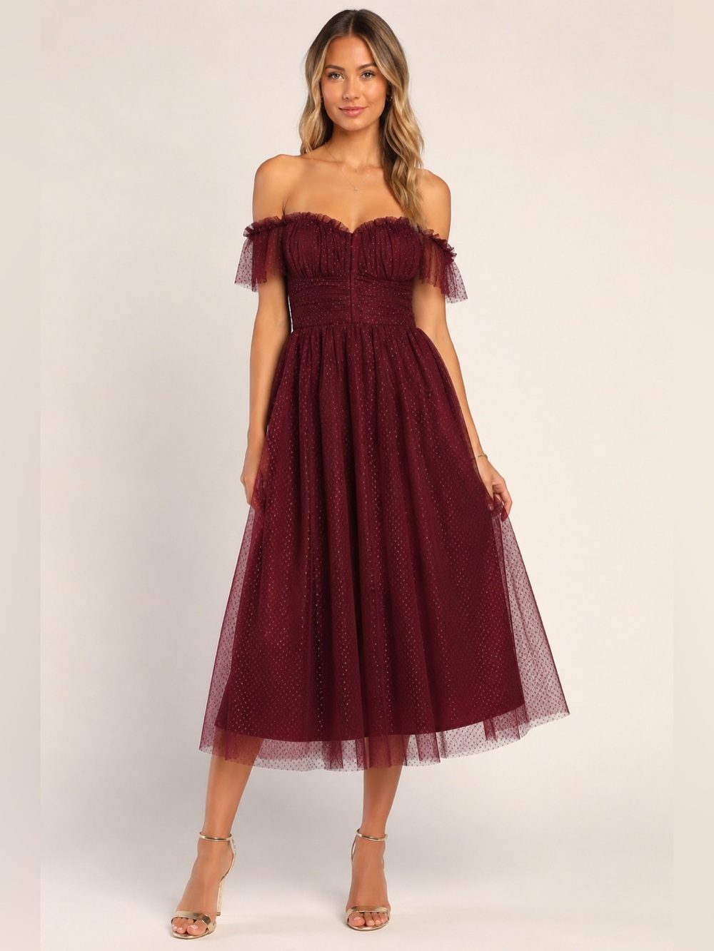 Lulus Burgundy Tulle Off Shoulder Midi Dress NWT XS Formal